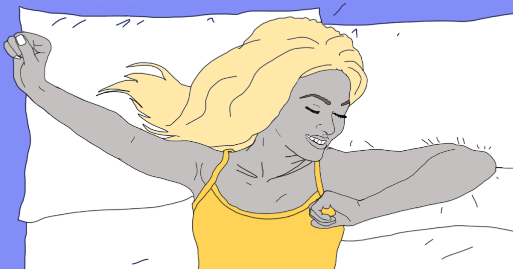 An illustration of a woman stretching happily in bed